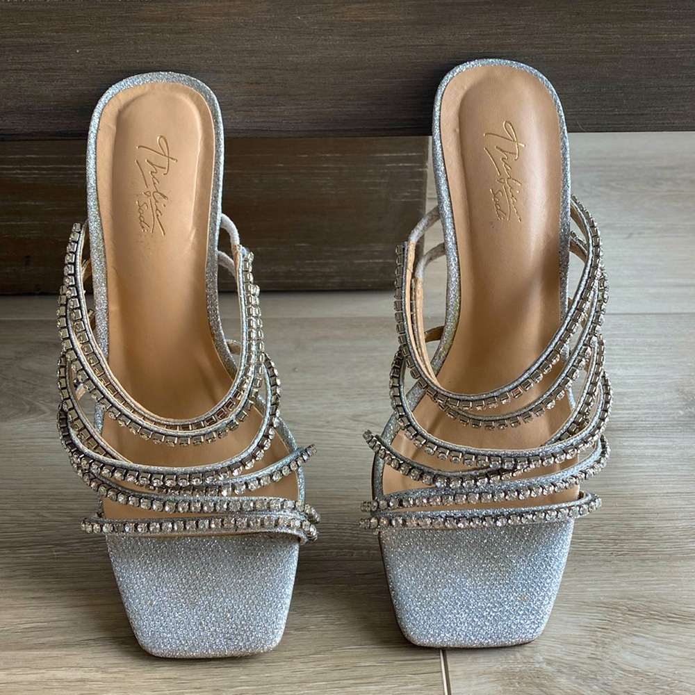 Women's Rhinestone open Heels Square Open Toe Slip.